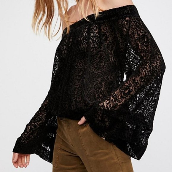 Free People Ginger Berry burnout velvet off the shoulder top black XS - Picture 2 of 12